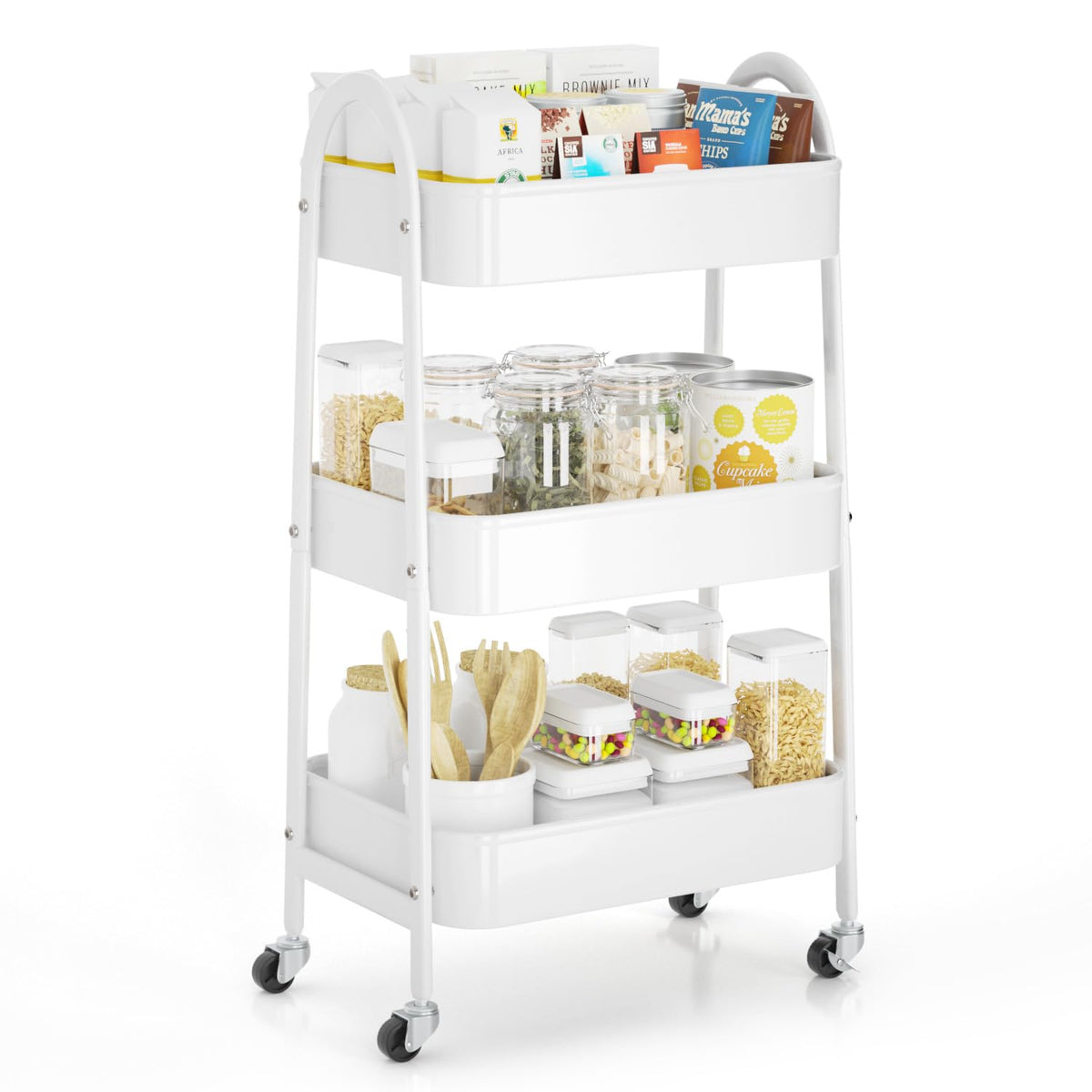 EAGMAK 3 Tier Rolling Cart, Large Metal Storage Cart with Handle and Lockable Wheels, Big Multifunctional Storage Organizer Trolley with Mesh Baskets for Kitchen, Living Room, Office, Garage (Beige)