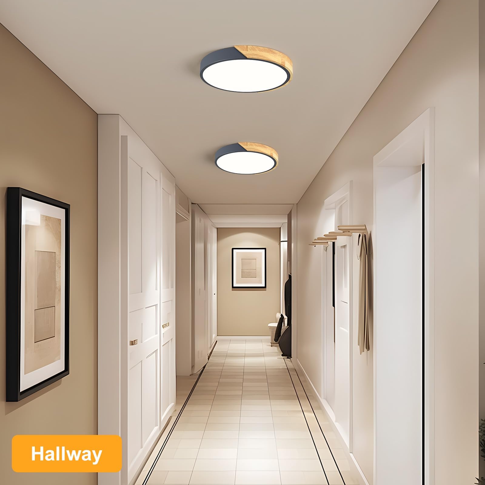Modern LED Ceiling Light, Minimalist Wood Dimmable Flush Mount Ceiling Light Fixture, Round 5CCT Lighting Lamp with Acrylic Lampshade for Bedroom Hallway Kitchen Laundry, Black 11.8"