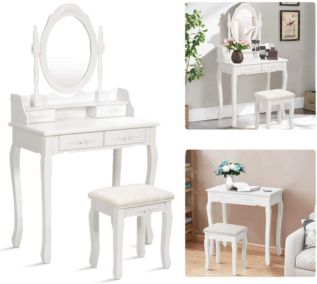 Alohappy Vanity Desk Set with Mirror & Stool for Girls, Makeup Vanity Table and Cushioned Stool Set with 4 Drawers, Wood Dressing Table for Bedroom (Pink)