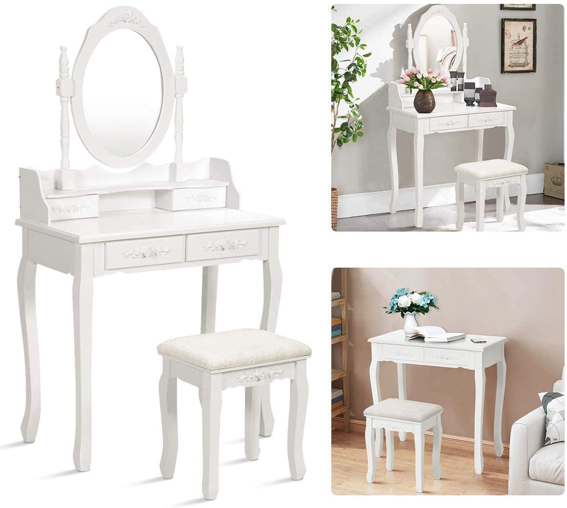 Alohappy Vanity Desk Set with Mirror & Stool for Girls, Makeup Vanity Table and Cushioned Stool Set with 4 Drawers, Wood Dressing Table for Bedroom (Pink)