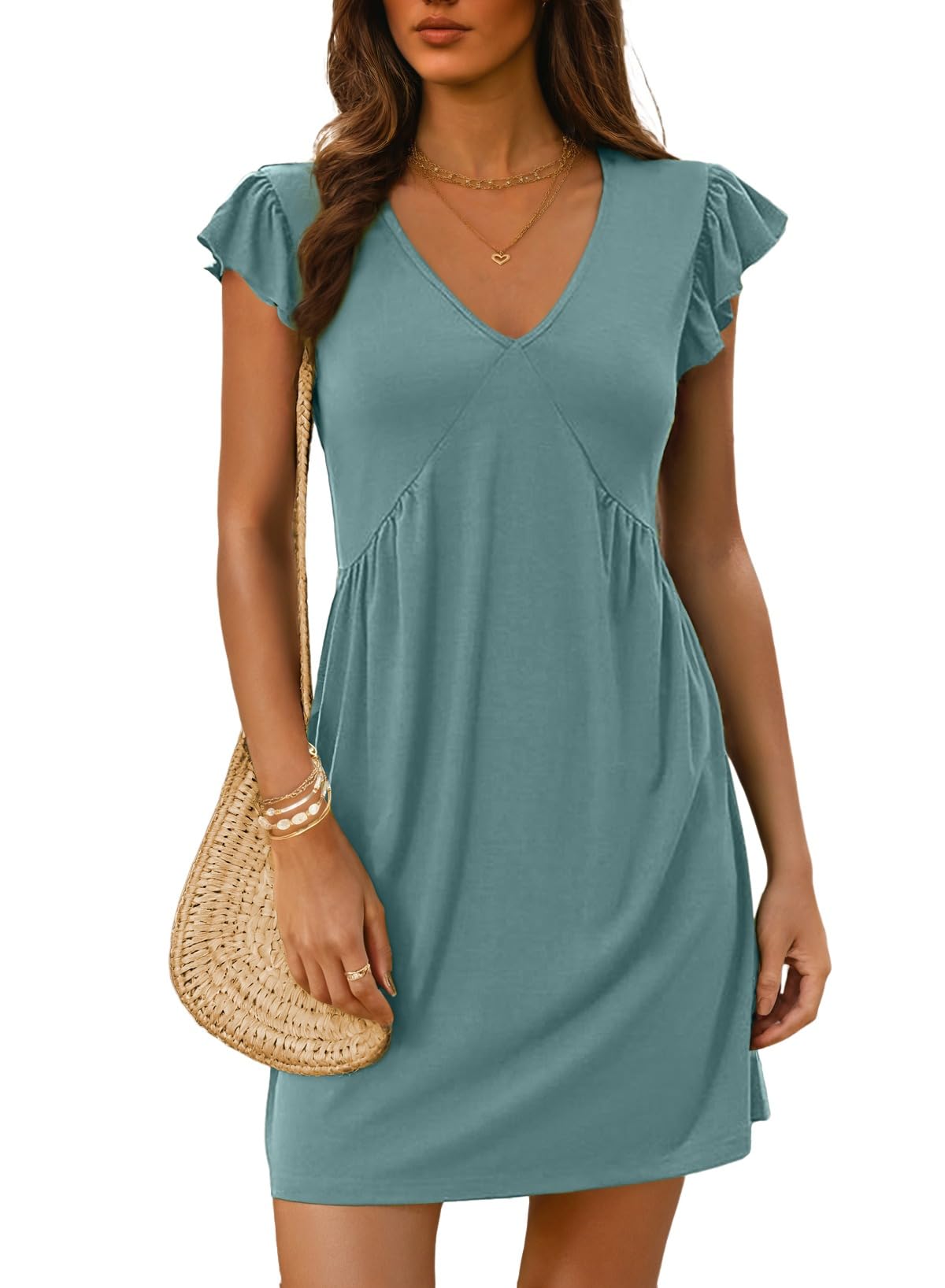 Dokotoo Women's Summer Dresses Beach 2026 Casual Deep V Neck Loose Sundress Ruffle Sleeve Mini Dress