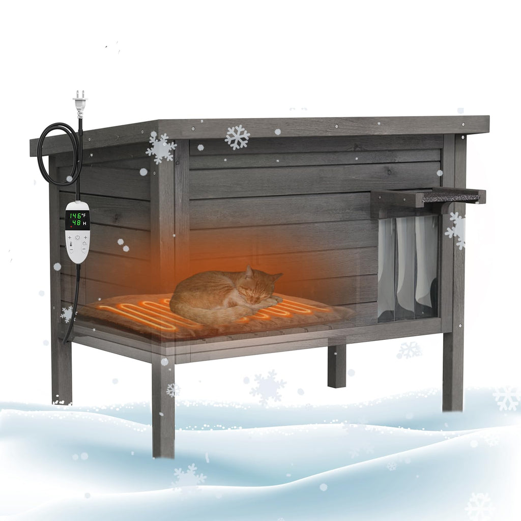 GDLF Outdoor Cat House Feral Cat Enclosure 100% Insulated All-Round Foam Weatherproof Solid Wood Large Size for Multiple Felines 34.5" L*21.5" W*27.2" H