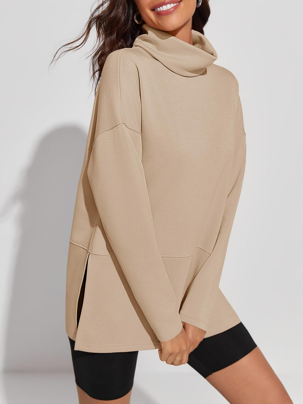 Fisoew Women's Turtleneck Oversized Sweatshirt Casual Long Sleeve Loose Side Slit Pullovers Tunic Tops