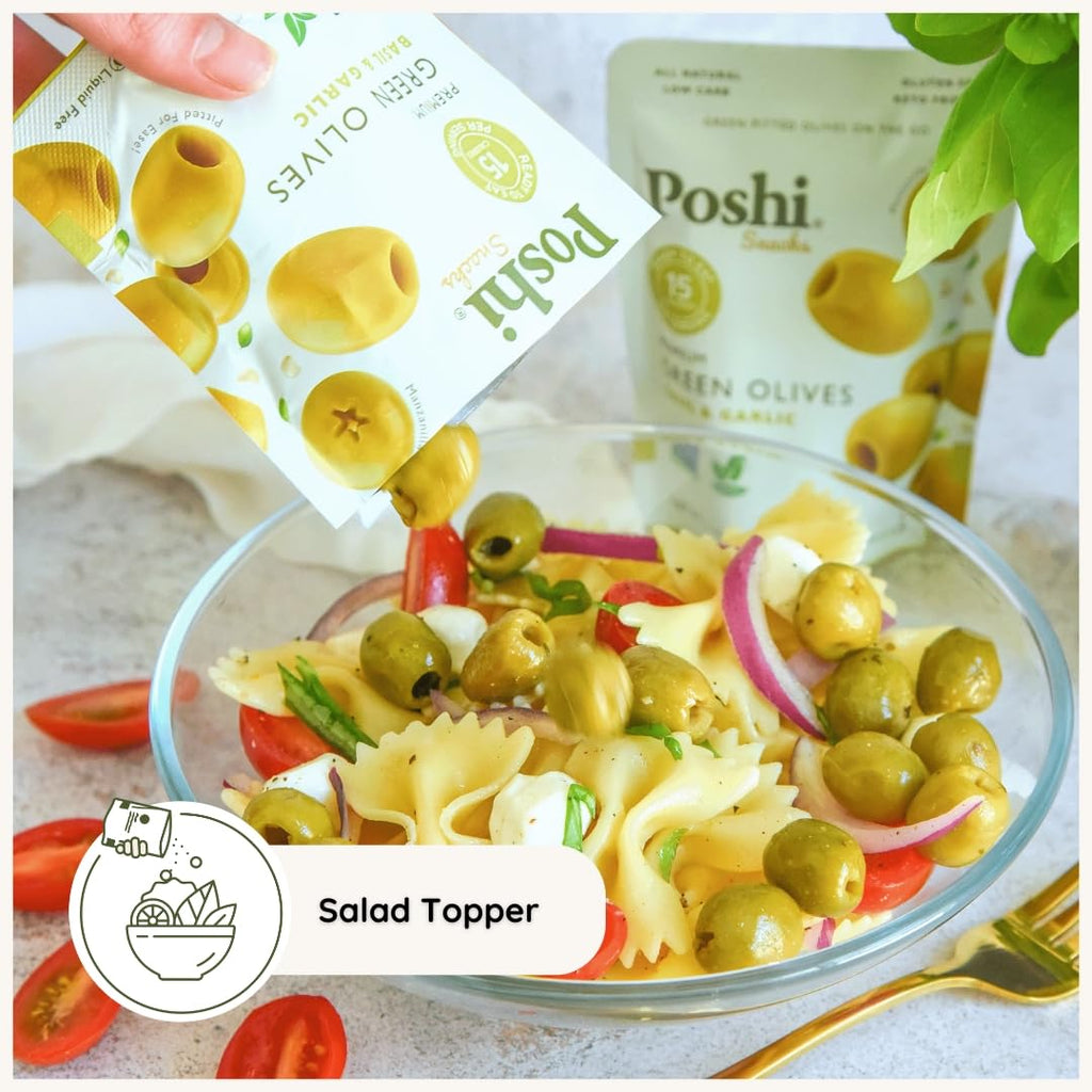 POSHI Green Pitted Olives - Basil & Garlic | Vegan, Kosher, Gluten Free + Keto Friendly, Fresh, Low Calorie Healthy Snacks | (30 Pack, 1.1oz Bags)