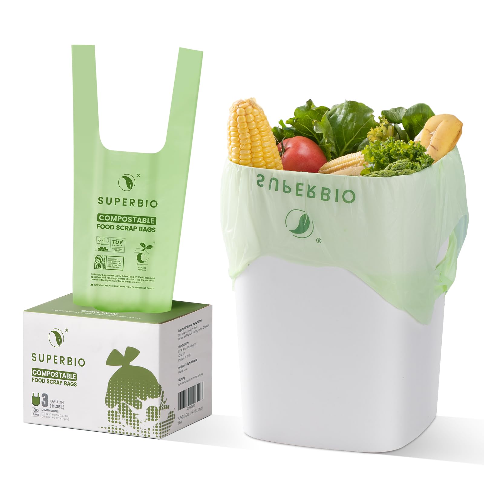 SUPERBIO 1.6 Gallon Handle Tie Compostable Food Scrap Bags, Small Compost Bags with Handles, 50 Count, 2 Pack, BPI & OK compost INDUSTRIAL