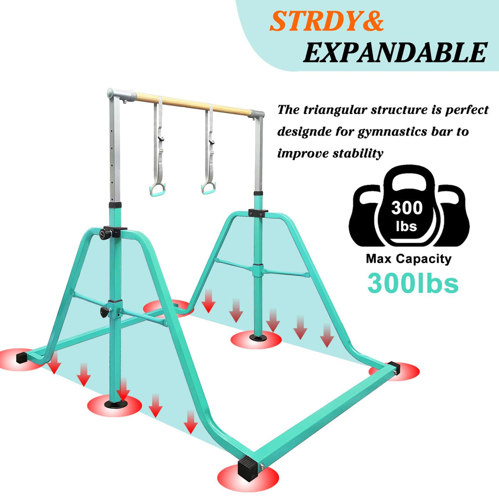 Foldable & Moveable Gymnastics Horizontal Bar with Rings,3’to 5’Adjustable Height Expandable Junior Kip Bar for Home,Indoor Gym Equipment for Kids