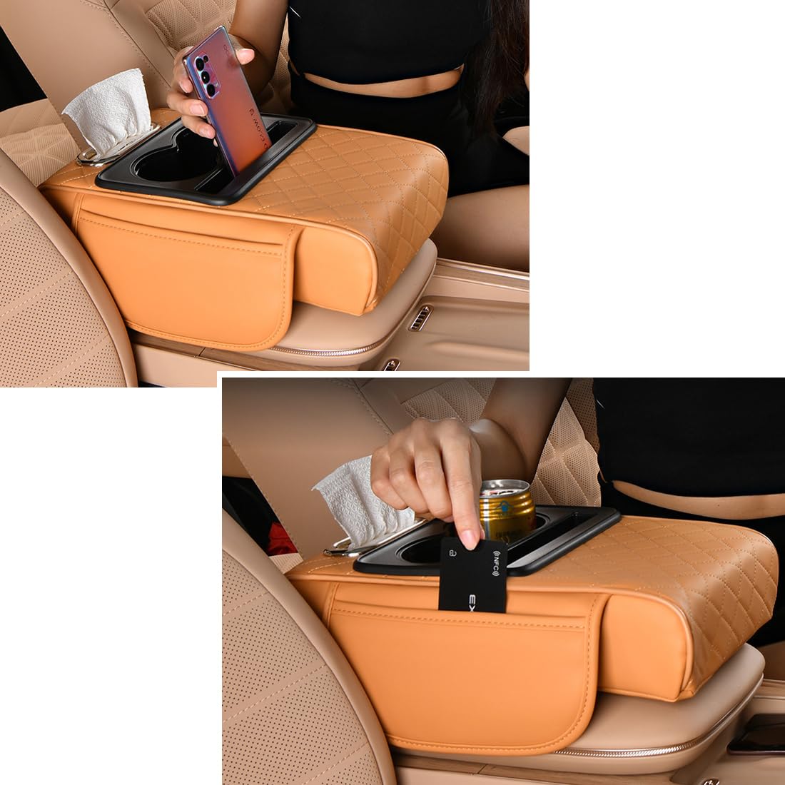 Car Armrest Cushion,5-in-1 Center Console Cover with 2 Storage Bags Cup Holder, Tissue Box Slot, Phone Slot for Sedans, Car Accessories Interior Organizers (Beige)