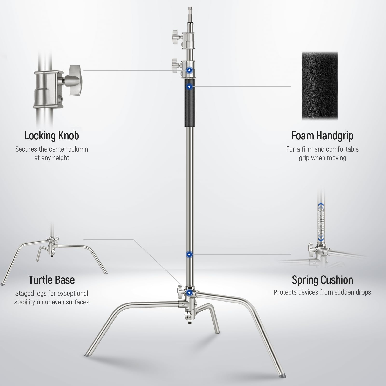 NEEWER Pro 100% Stainless Steel Heavy Duty C Stand with Boom Arm, Max Height 68"/172cm Photography Light Stand with 2.7ft/83cm Holding Arm, 2 Grip Head for Studio Monolight, Softbox, Reflector, SC172