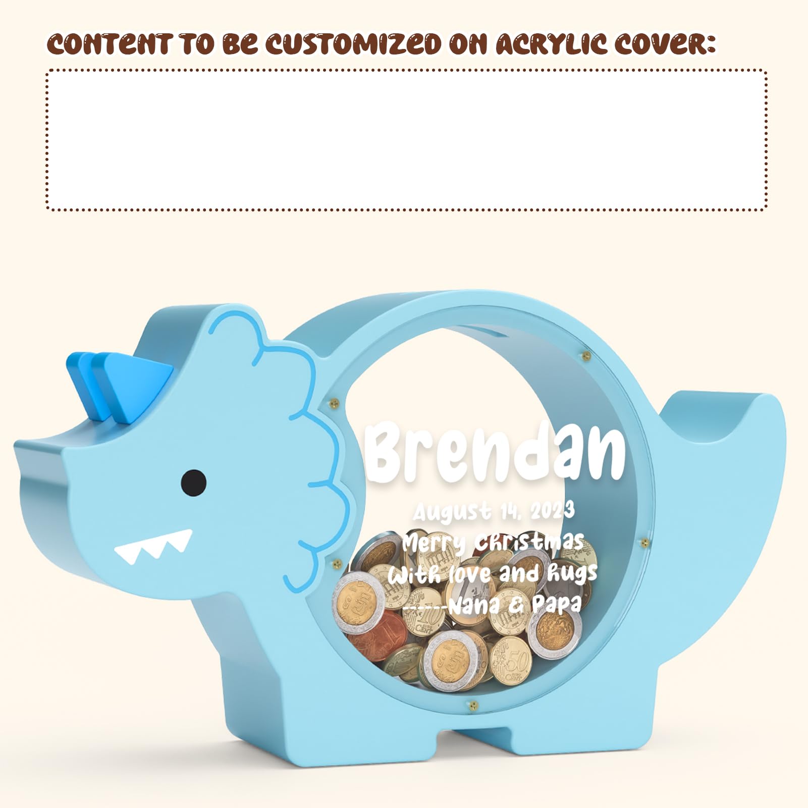 Summidate Wooden Dinosaur Piggy Bank for Kids Boys, Cute Wood Dino Money Bank for Toddlers, Creative Saving Coin Jar, Personalized Present for Child Birthday & Decor (Brachiosaurus, Custom)