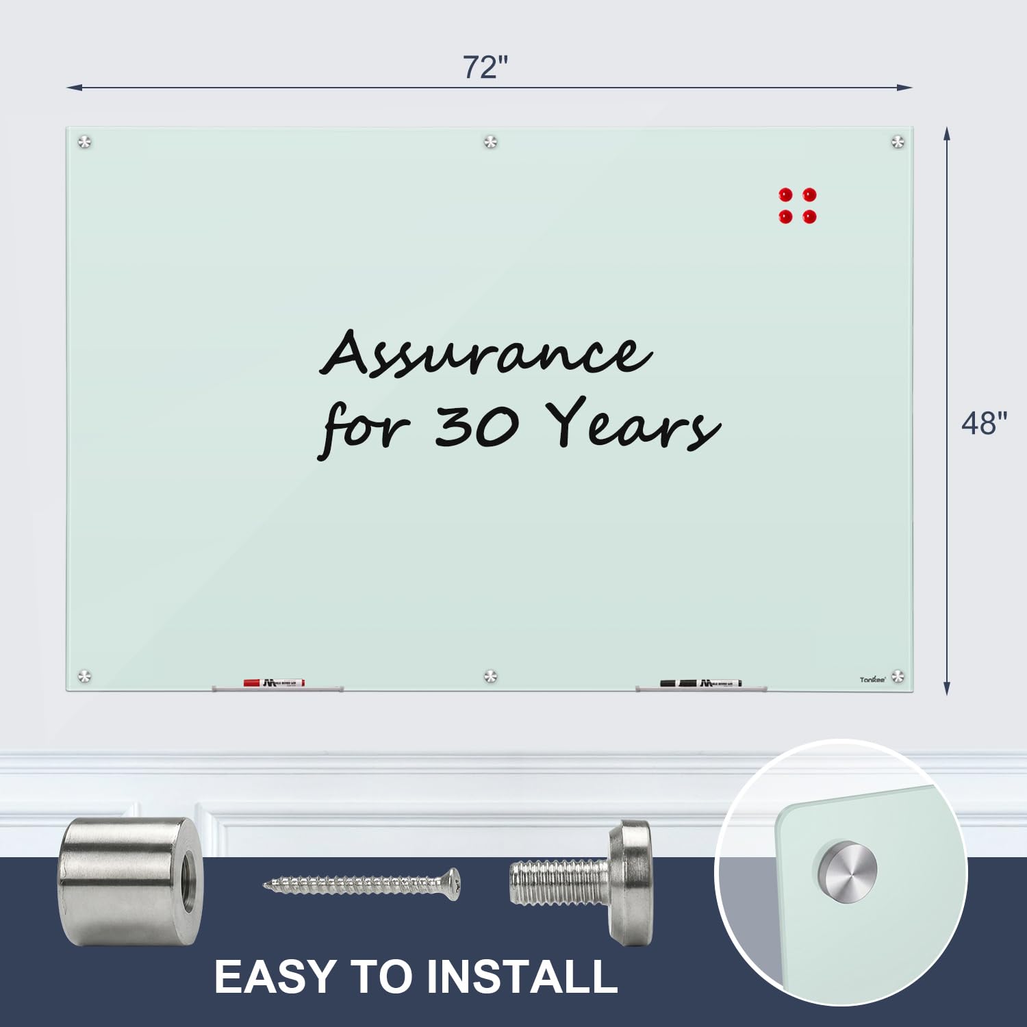 Dry Erase Board Black Magnetic Glass Whiteboard, TANKEE Modern Large Frameless Tempered Glass White Board for Wall, Office, School, Home, 36” x 24”, 3' x 2' White Board