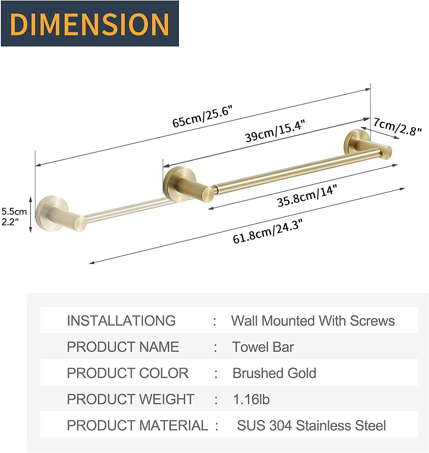 BESy Adjustable 15 to 26 Inch Single Bath Towel Bar for Bathroom SUS304 Stainless Steel Towel Holder, Wall Mount with Screws Hand Towel Bar Rod Hotel Style, Brushed Gold