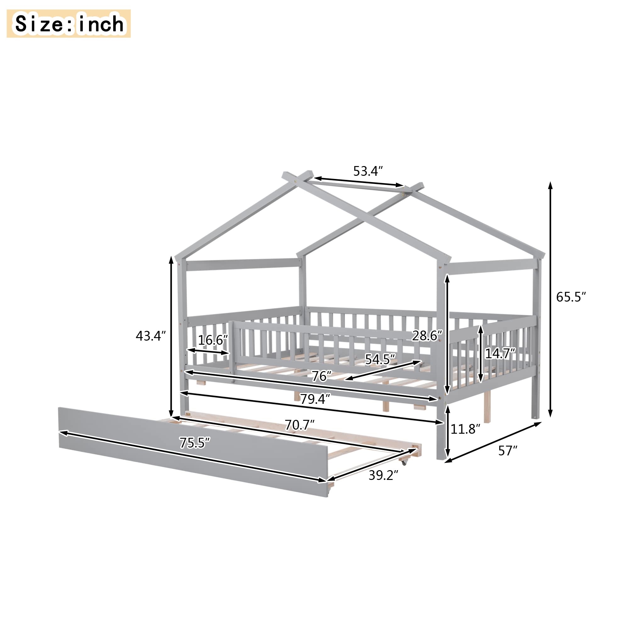 Merax Twin Size Wooden House Bed with Two Drawers, Wood Bed Frame with Roof for Kids, Teens, Boys or Girls, Grey