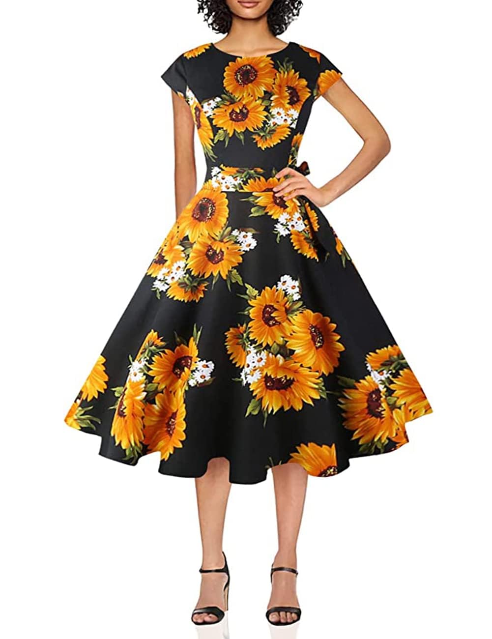 PUKAVT Women's 1950 Boatneck Cap Sleeve Vintage Swing Cocktail Party Dress with Pockets