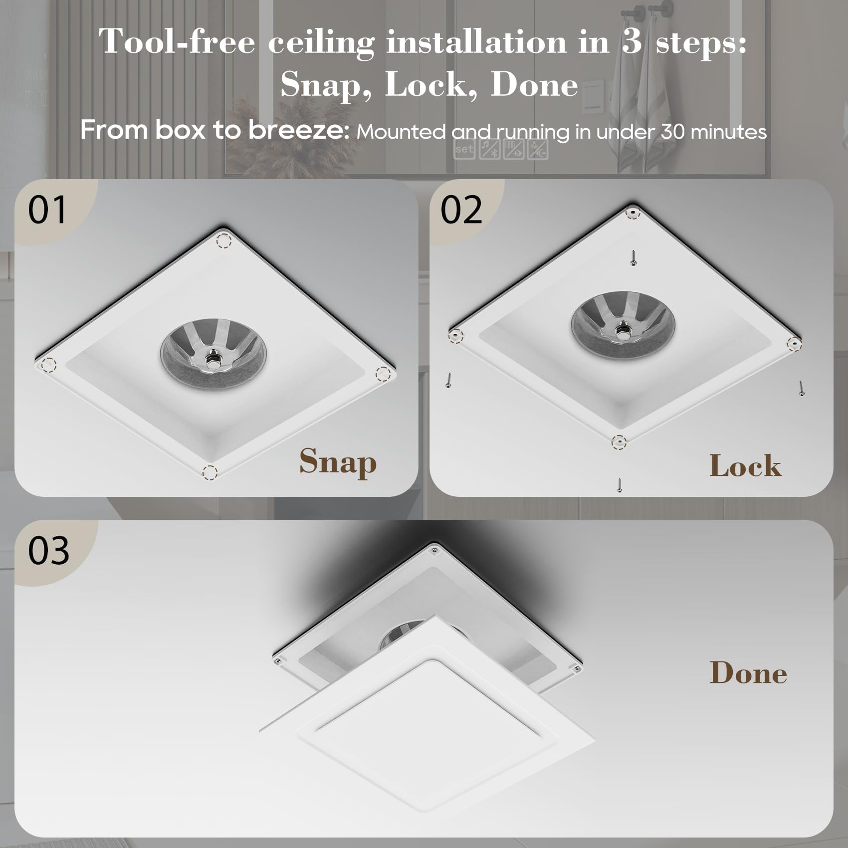 Orsong Bathroom Exhaust Fan 10" Panel Ultra Quiet without Light(8x8 Mount), 110CFM, 4" Duct for Bathroom/Garage/Home