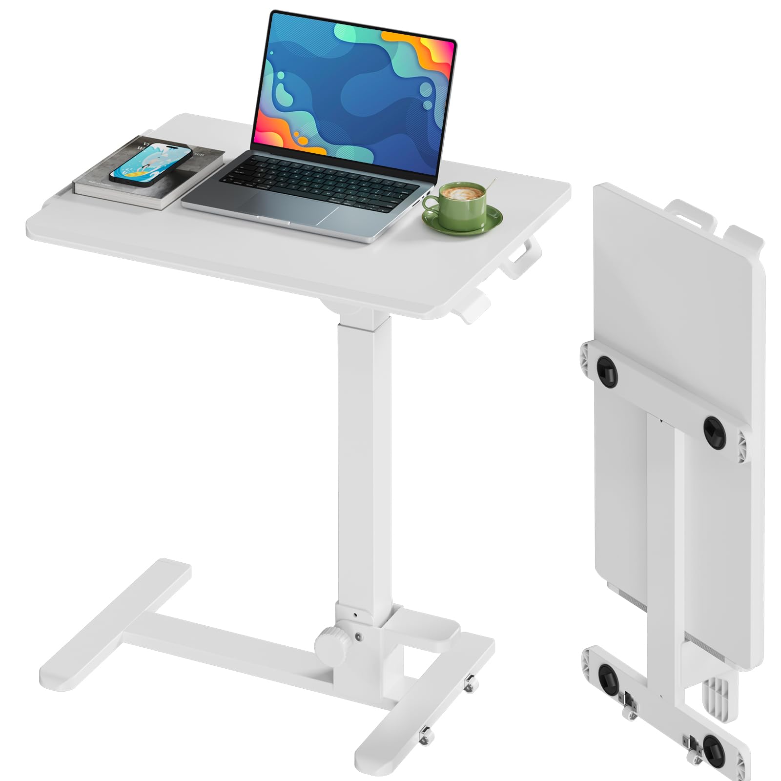 Foldable Mobile Standing Desk, 27 Inch Small Rolling Laptop Cart Height Adjustment, 90° Tiltable Sofaside Table, No Assembly Needed Portable Computer Workstation, Black