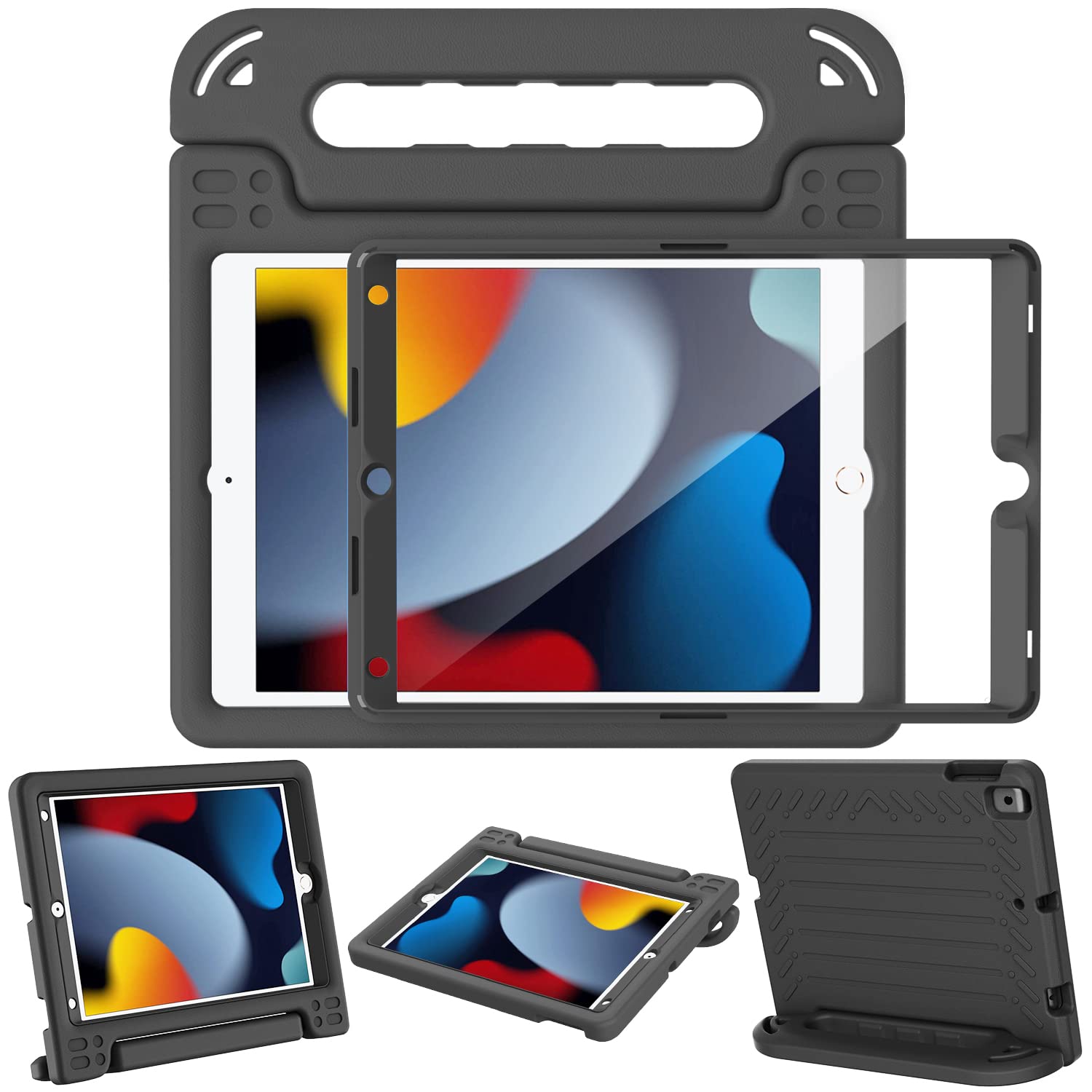 AVAWO Kids Case for iPad 10.2" 9th & 8th & 7th Generation, iPad 10.2 2021/2020/2019 Case with Built-in Screen Protector, Light Weight Shock Proof Handle Stand Friendly Cover for iPad 10.2" - Black