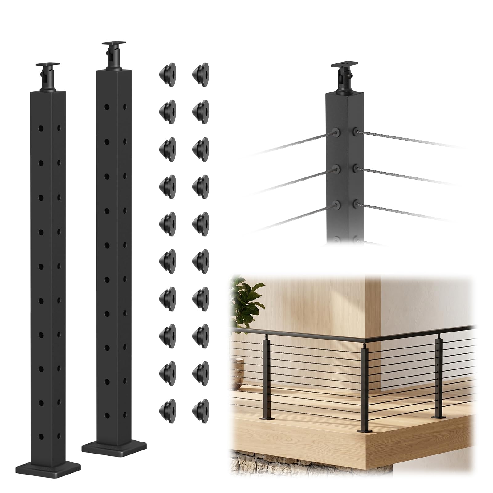 BLIKA 36" Cable Railing Corner Post, 304 Stainless Steel, 2-Side Drilled Adjustable Top Corner Post, Surface Mount Matte Black Cable Railing System Corner Post