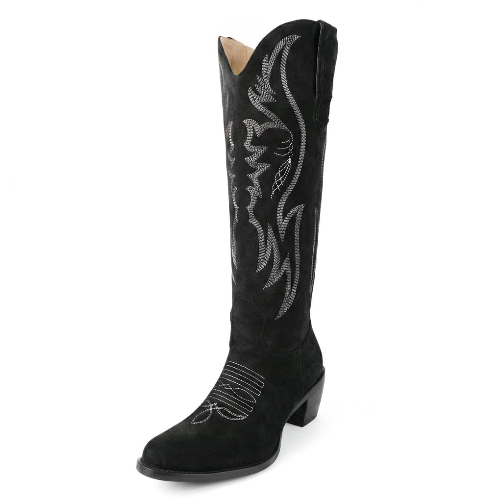 GORBINETI Women Cowboy Boots Mid Calf Cowgirl Western Boots Embroidered Suede Pull On Almond Toe Chunky Heel