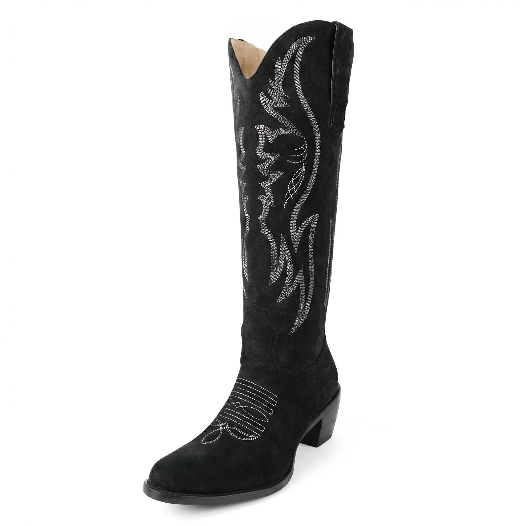 GORBINETI Women Cowboy Boots Mid Calf Cowgirl Western Boots Embroidered Suede Pull On Almond Toe Chunky Heel