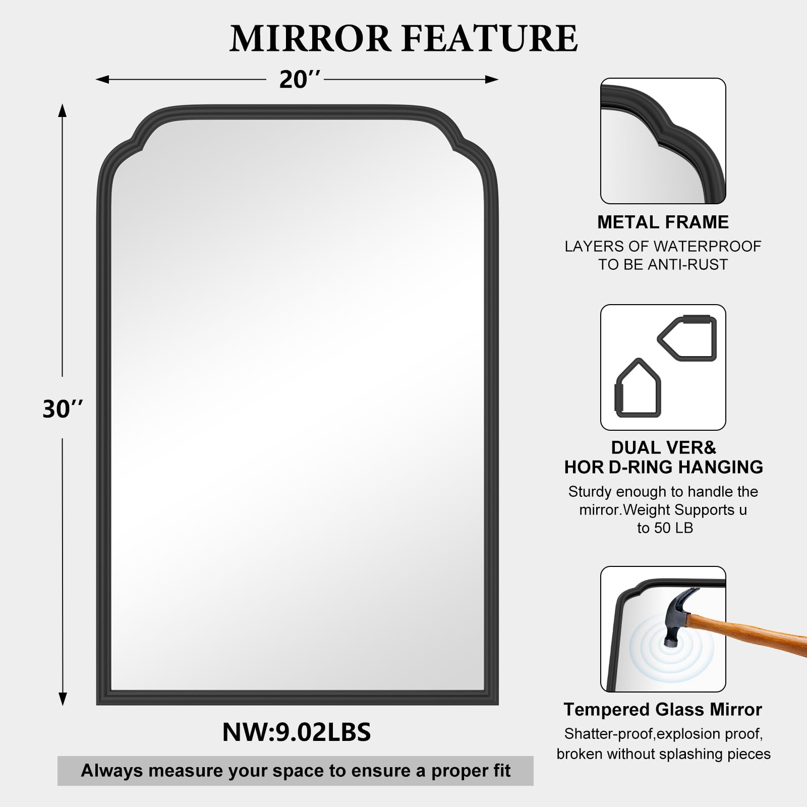 Ferytange 18X24 Inch Black Mirror for Wall with Metal Frame Rectangular Rounded Bathroom Vanity Mirror Anti-Rust, Hangs (Black 18" x 24")
