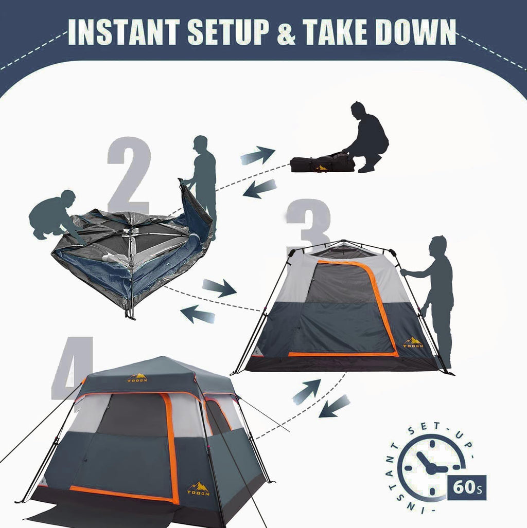 3/4 Person Camping Tent with 1 Door, 4 Windows, and Upgraded Ventilation– Instant Setup, Waterproof, 8'x 8'x 67''Oxford Fabric Floor Pop Up in 60 Seconds Includes Rainfly and Backpack