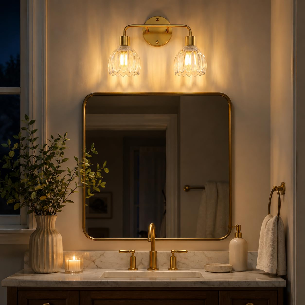 1-Light Gold Brass Bathroom Light Fixture,Wall Sconces set of 2,Brushed Gold Vanlity Light Over Mirror,Bathroom Vanity Light with White Tulip Glass Flower Shade,E26 Socket(Bulbs Not Included)