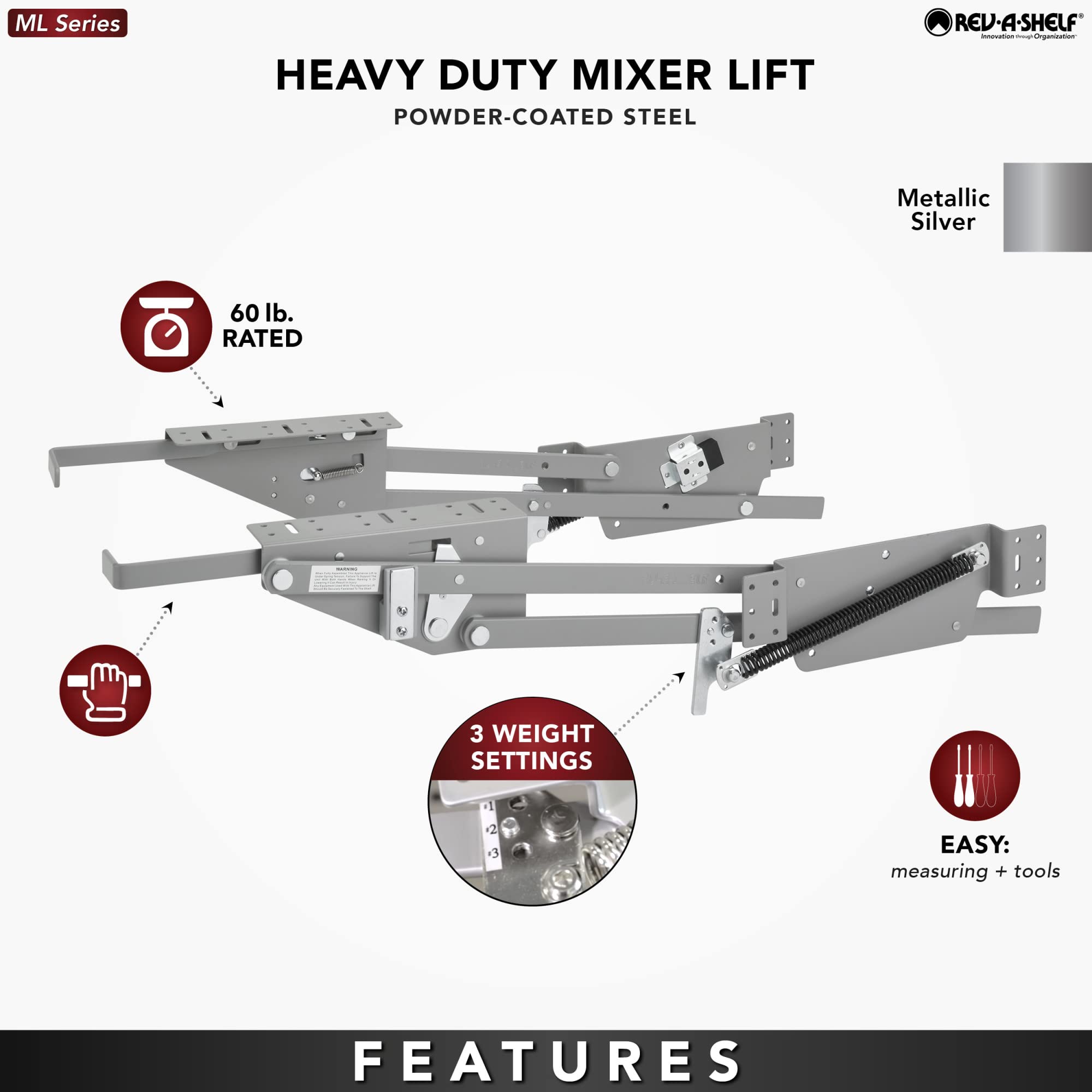 Rev-A-Shelf Heavy-Duty Stand Mixer Lift for Kitchen Base Cabinets, Zinc - Spring-Loaded Lifting System for Small Countertop Appliance Storage, Min Opening Width of 12", RAS-ML-HDCR