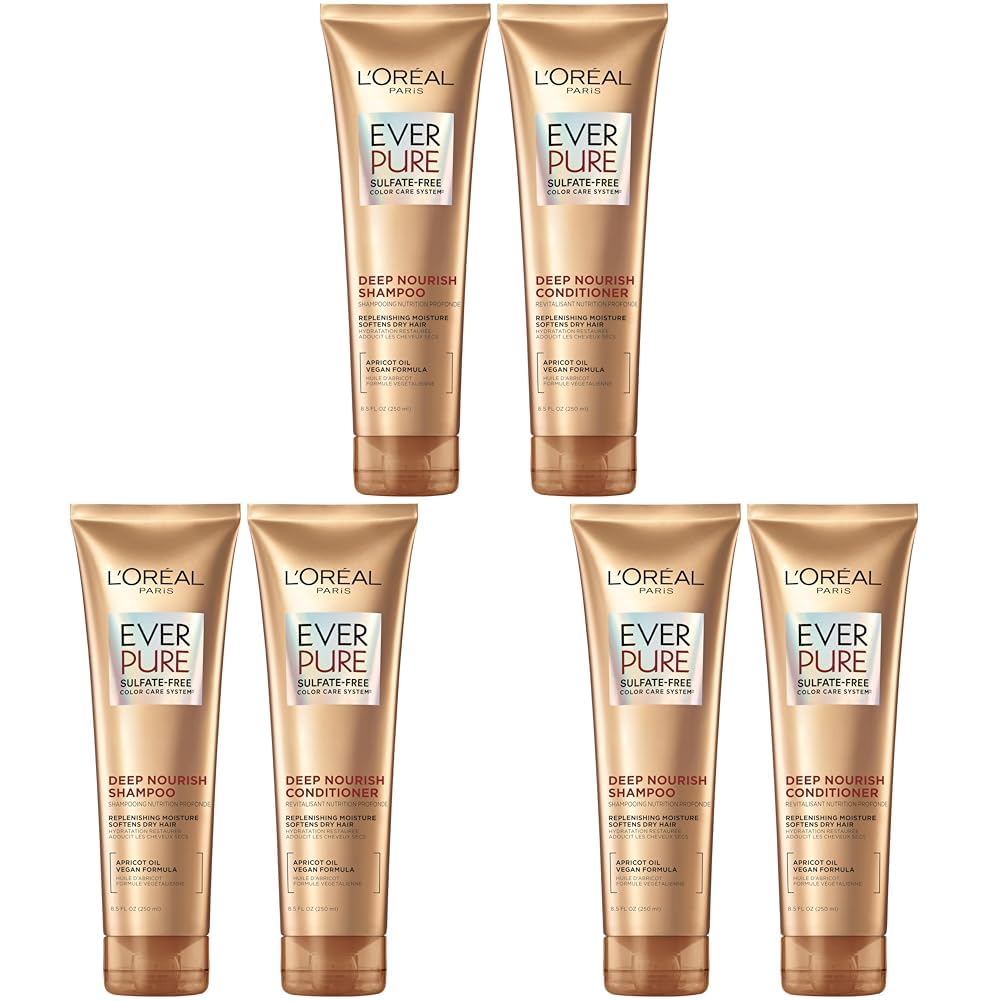 L'Oreal Paris Shampoo, Sulfate Free, Triple Action Hydration for Dry Hair, EverPure, 8.5 Fl Oz (Packaging May Vary), Damaged, Color-Treated Hair, Apricot Oil Infused, Deep Nourish