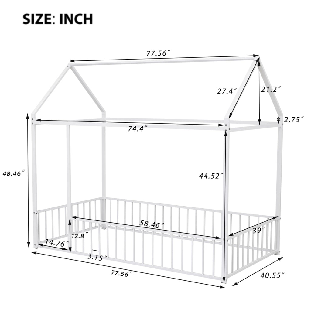 Bellemave Twin Size Montessori Floor Bed, Metal House Bed Framefor Kids, Montessori Floor Beds with Fence, Playhouse for Kids,Black