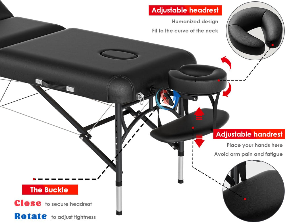 CLORIS 84" Professional Massage Table Portable Reinforced Wooden Leg 2 Folding Lightweight Spa Salon Tattoo Massage Bed Height Adjustable Hold Up to 1100LBS with Carrying Bag Black