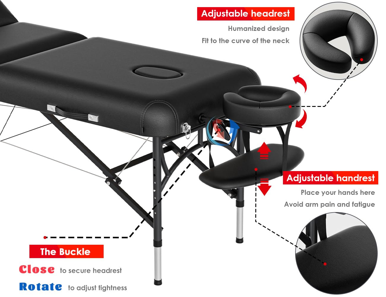 CLORIS 84" Professional Massage Table Portable Reinforced Wooden Leg 2 Folding Lightweight Spa Salon Tattoo Massage Bed Height Adjustable Hold Up to 1100LBS with Carrying Bag Black