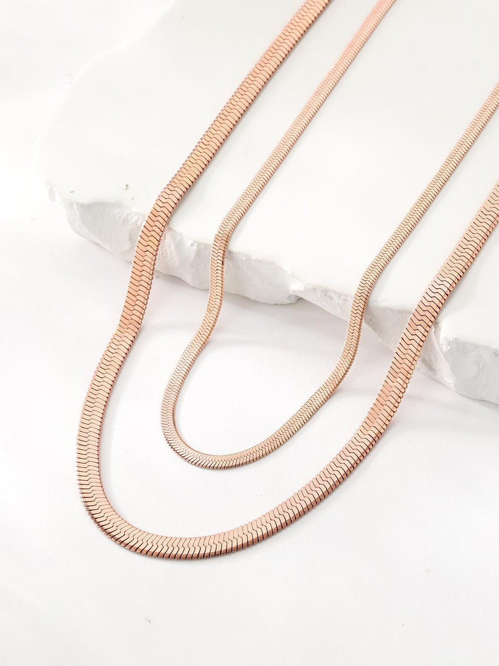 FOCALOOK 14K Gold Plated Necklaces for Women, Fashion Herringbone Choker Necklace Stainless Steel Flat Snake Chain 3/5MM(W) 12.5"/15"/18"+3.5"(L)