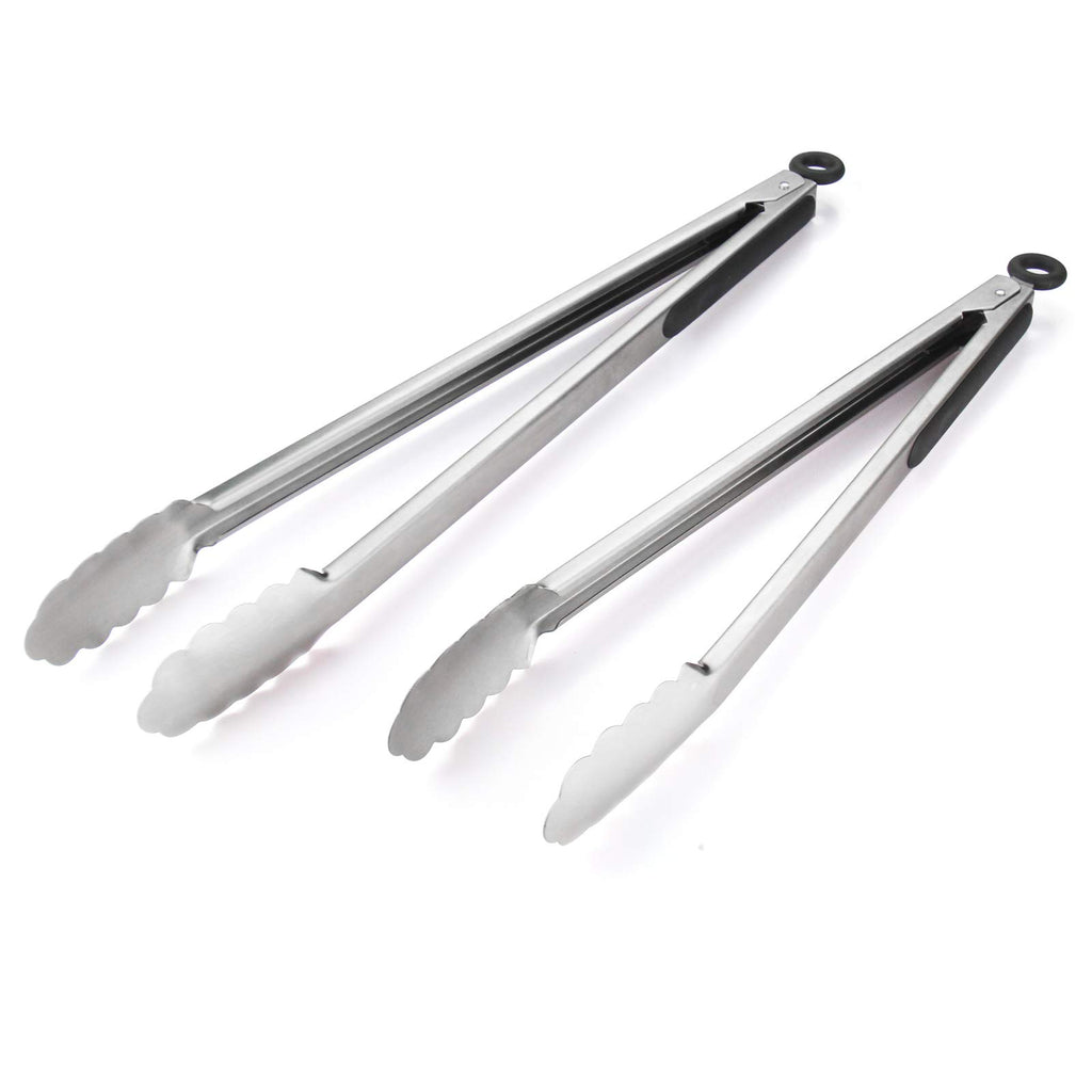 304 Stainless Steel Kitchen Cooking Tongs, 9" and 12" Set of 2 Sturdy Grilling Barbeque Brushed Locking Food Tongs with Ergonomic Grip, Black