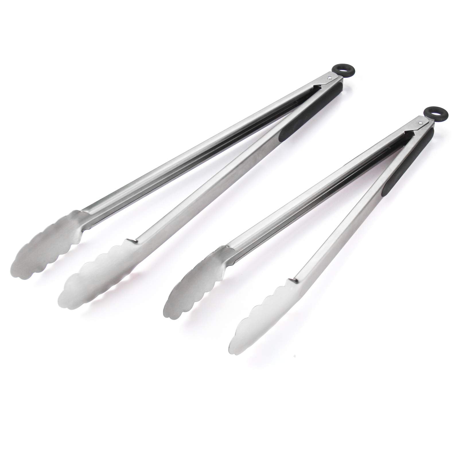 304 Stainless Steel Kitchen Cooking Tongs, 9" and 12" Set of 2 Sturdy Grilling Barbeque Brushed Locking Food Tongs with Ergonomic Grip, Black