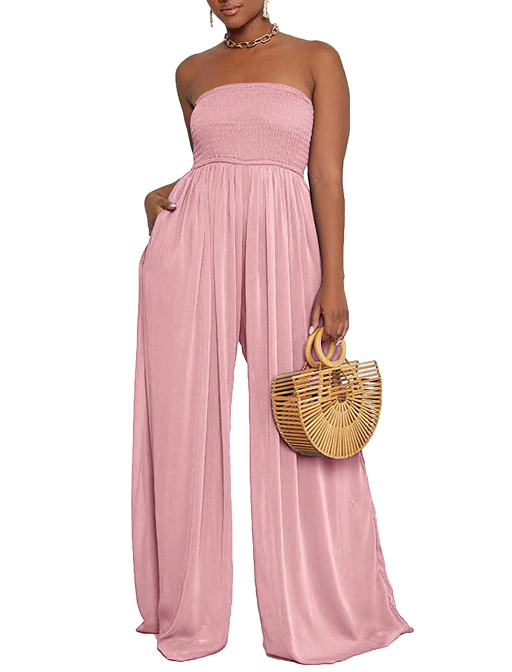 Ophestin Women's Strapless Tube Wide Leg Jumpsuits Smocked Women Jumpsuits Dressy Casual Flowy One Piece Jumpsuits Rompers