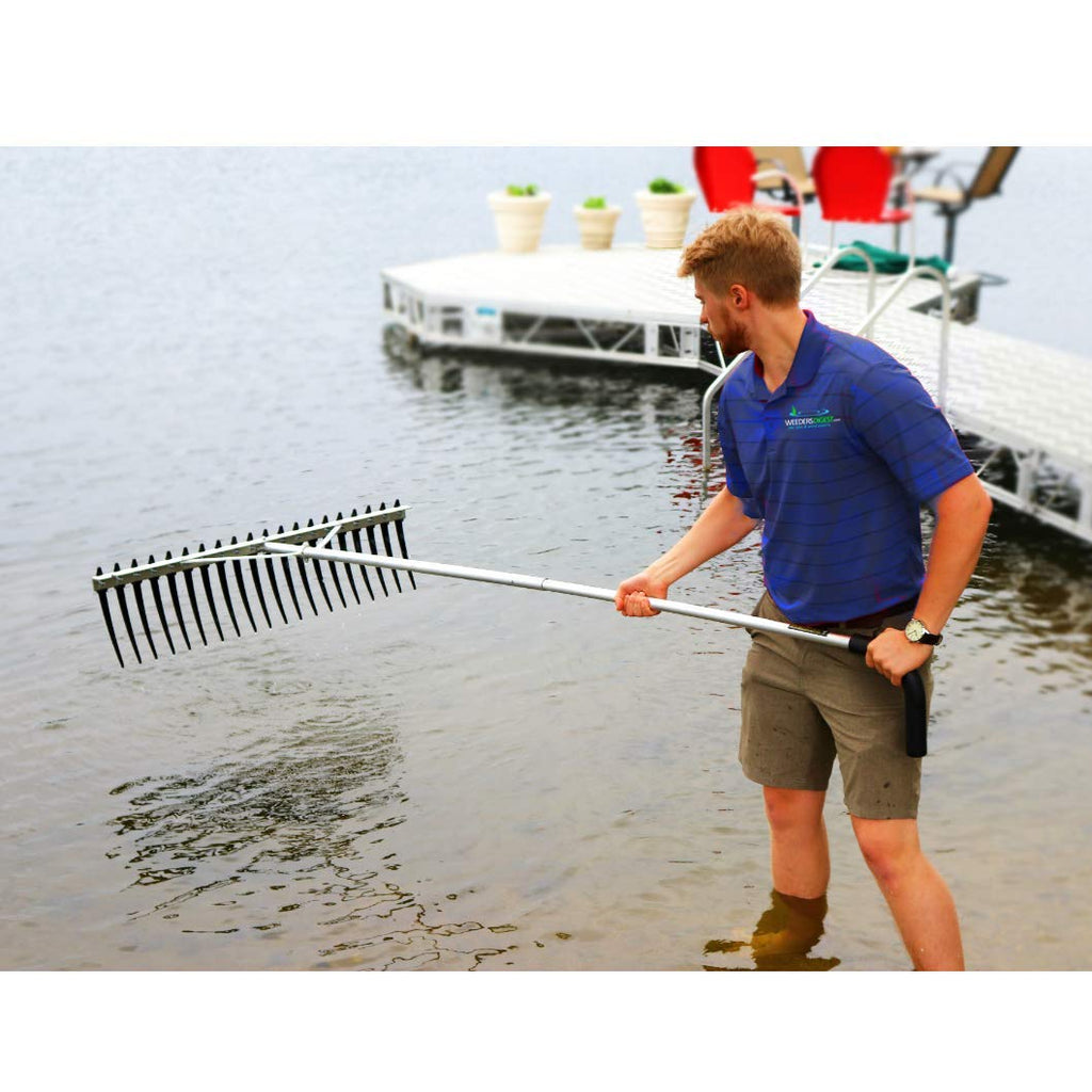 Rake Zilla | Extra-Large Heavy-Duty Lake and Pond Aquatic Weed Rake – 40" Wide Head with 9" Tines | Includes Detachable Float Kit & 25 ft Rope for Scooping, Skimming, and Easy Cleanup in Lakes & Ponds