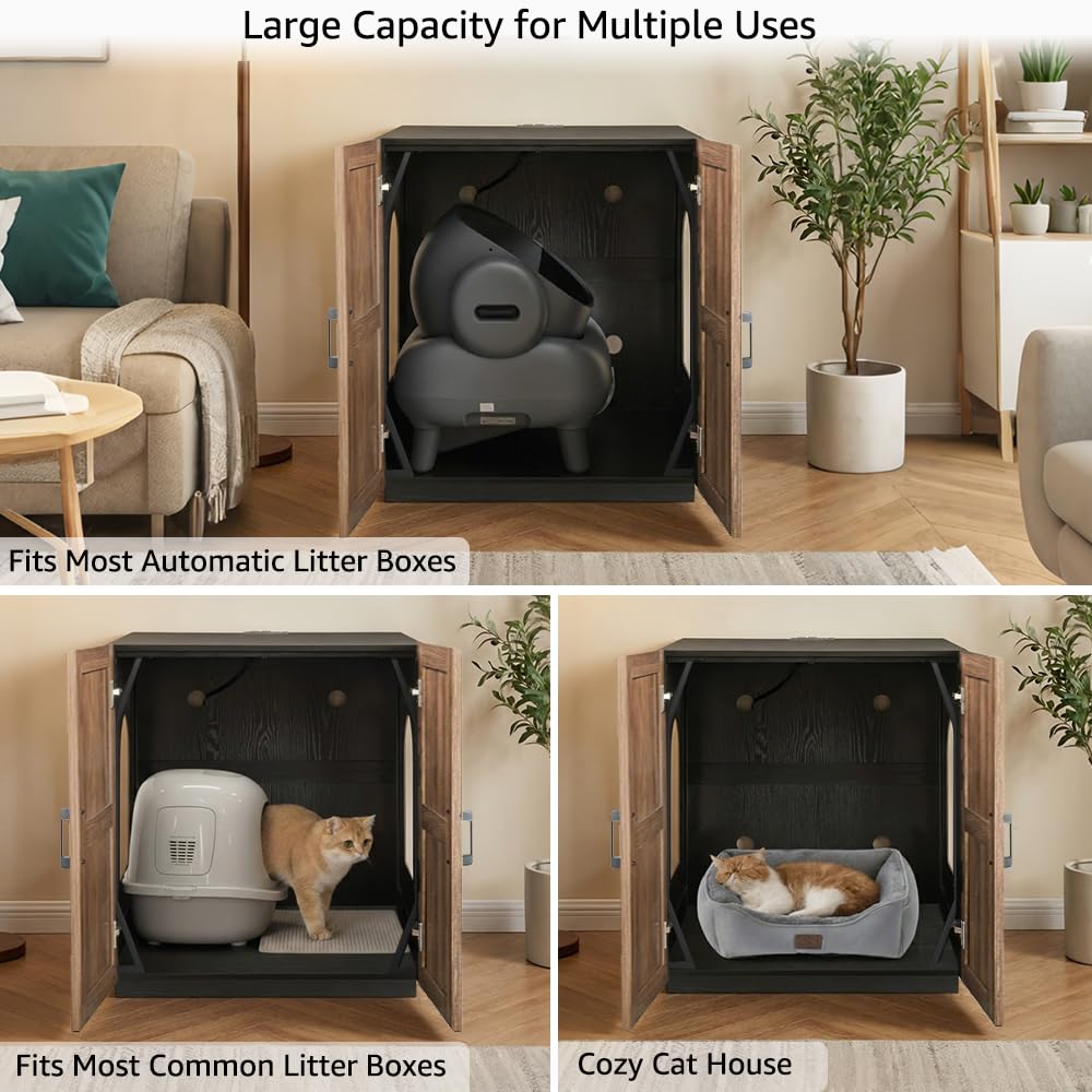 unipaws Extra Large Cat Litter Box Enclosure for Self-Cleaning & Automatic Litter Boxes, Tall Cabinet with Charging Station, Wooden Dog Proof Hidden Cat House for Top Entry Litter Box