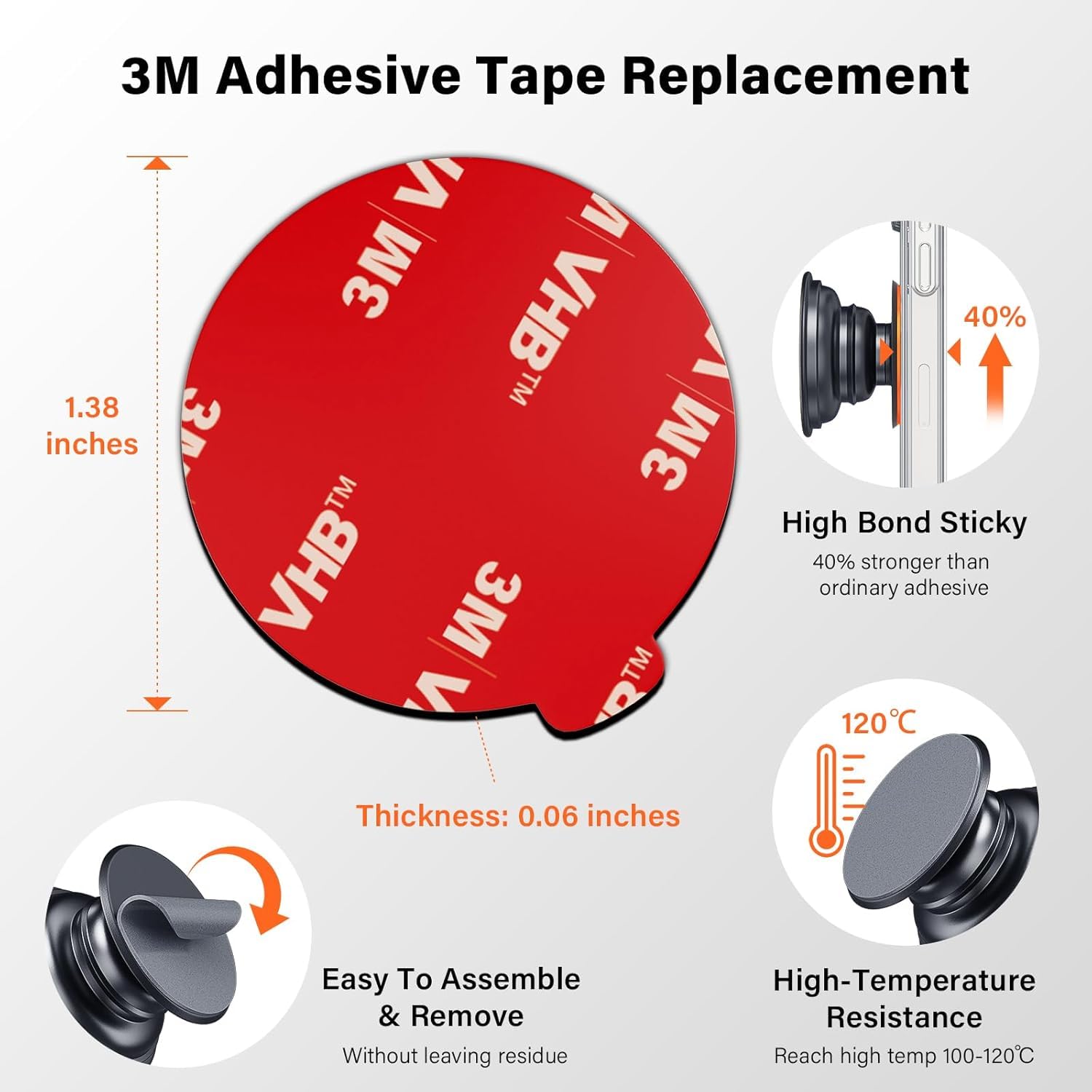 APPS2Car 3M VHB Adhesive Pads Replacement Tape, 4-Pack Double-Sided Mounting Pads for Magnetic Car Phone Mount, Sticky Sticker Tapes for Dashboard & Windshield Mounts - Grey
