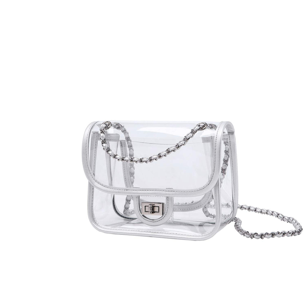Womens PVC Clear Purse Handbag with Chain Stadium Approved Clear Bag See Through Bag for Working and Concert