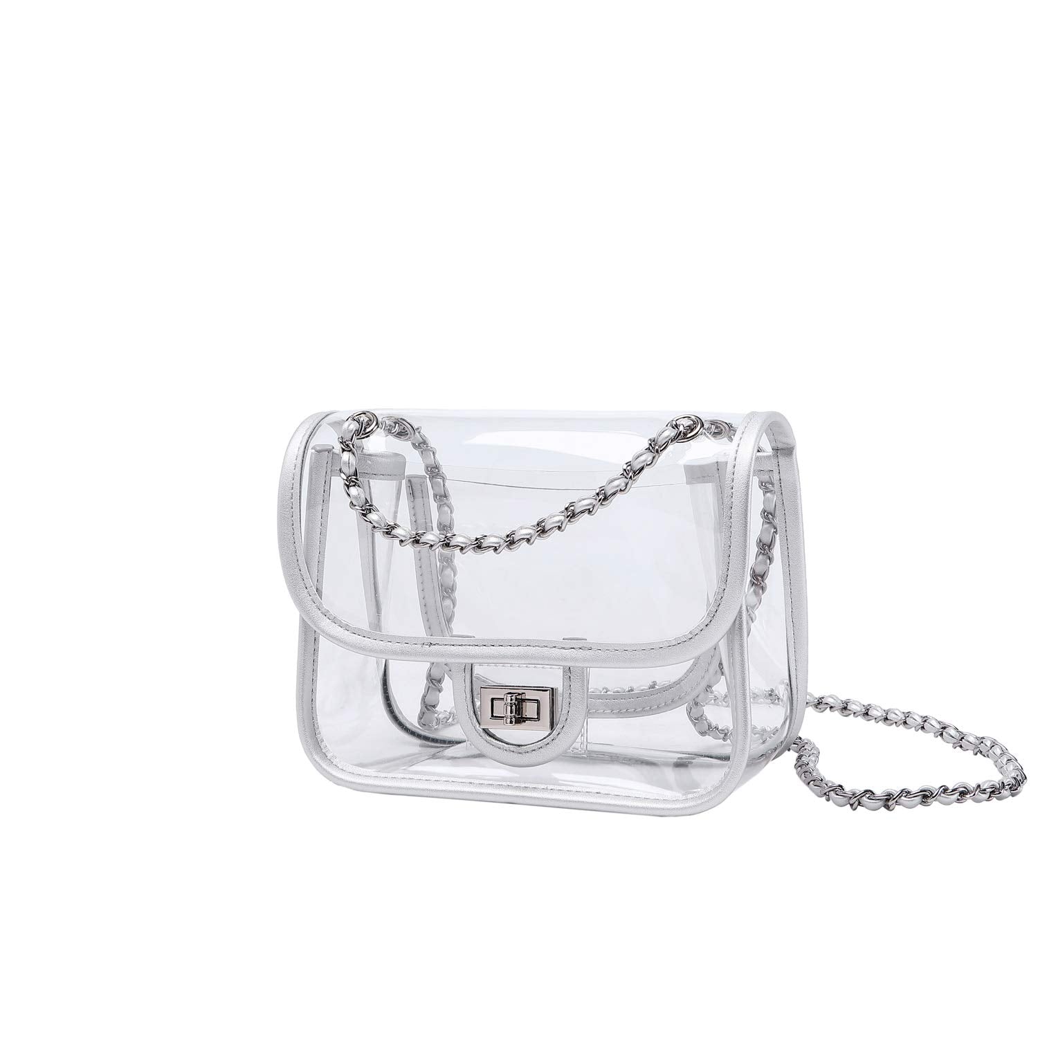 Womens PVC Clear Purse Handbag with Chain Stadium Approved Clear Bag See Through Bag for Working and Concert