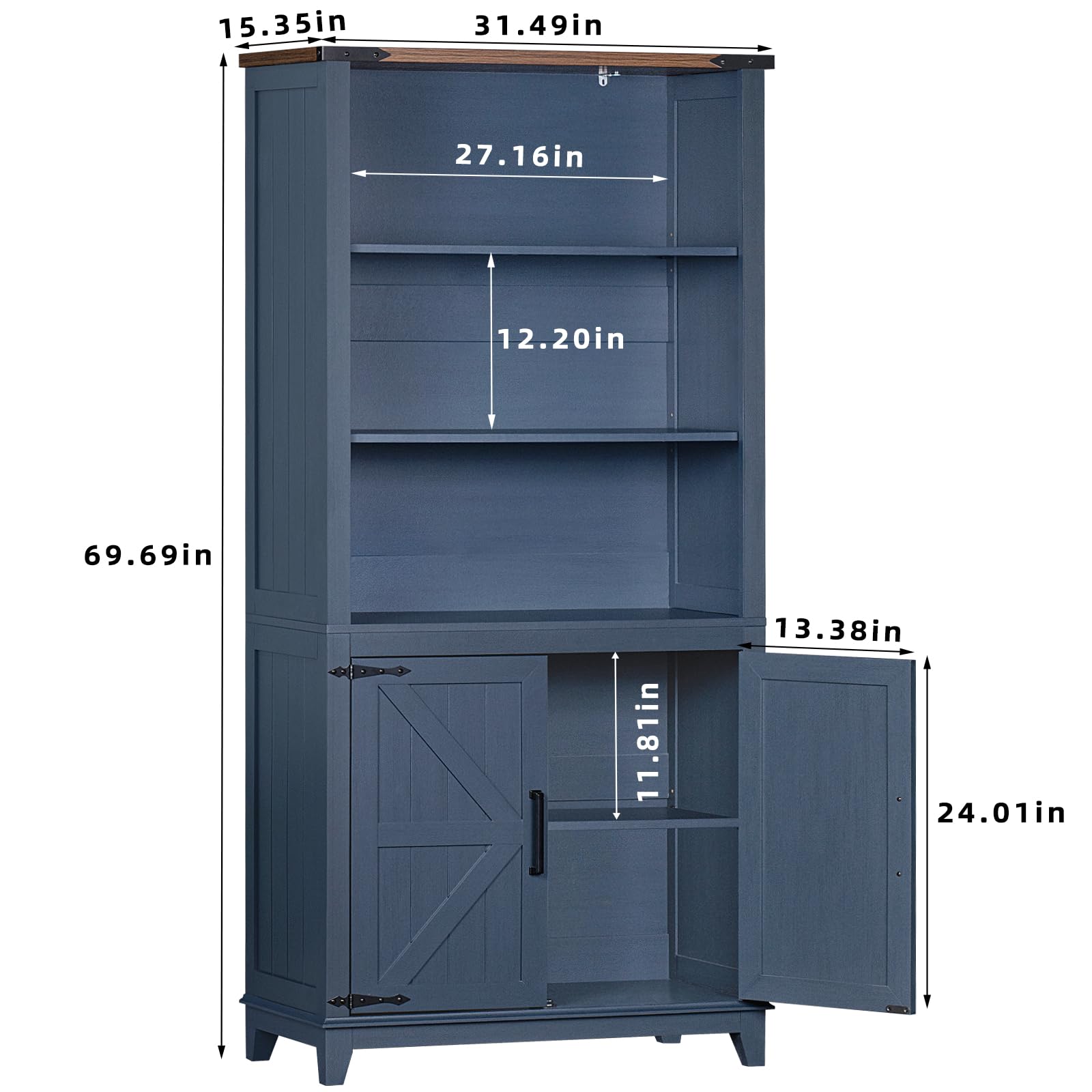 Joaxswe 70in Tall Bookshelf 5 Tier Bookcase with Barn Doors and Adjustable Shelves, Black Farmhouse Book Shelf with Storage Cabinet, Wood Freestanding Display Bookshelves for Bedroom, Living Room