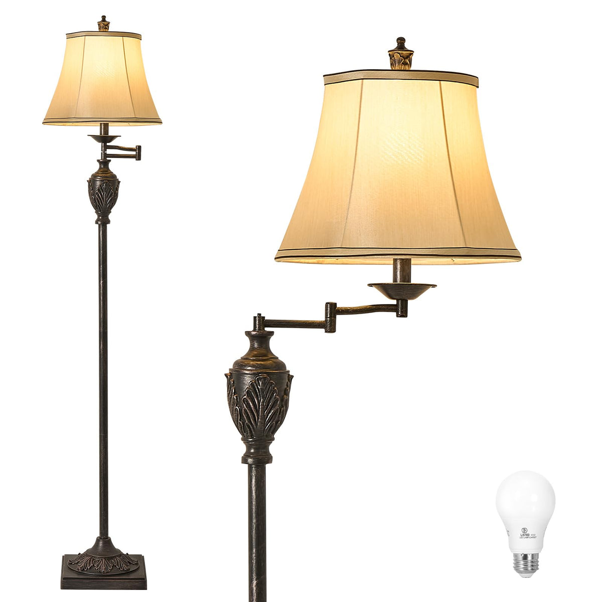 Traditional LED Floor Lamp with 350° Adjustable Swing Arm Lamp – Vintage Standing Pole lamp for Living Room, Bedroom and Office – Rustic Upright Floor Light for Home Décor with Silk Fabric Shade