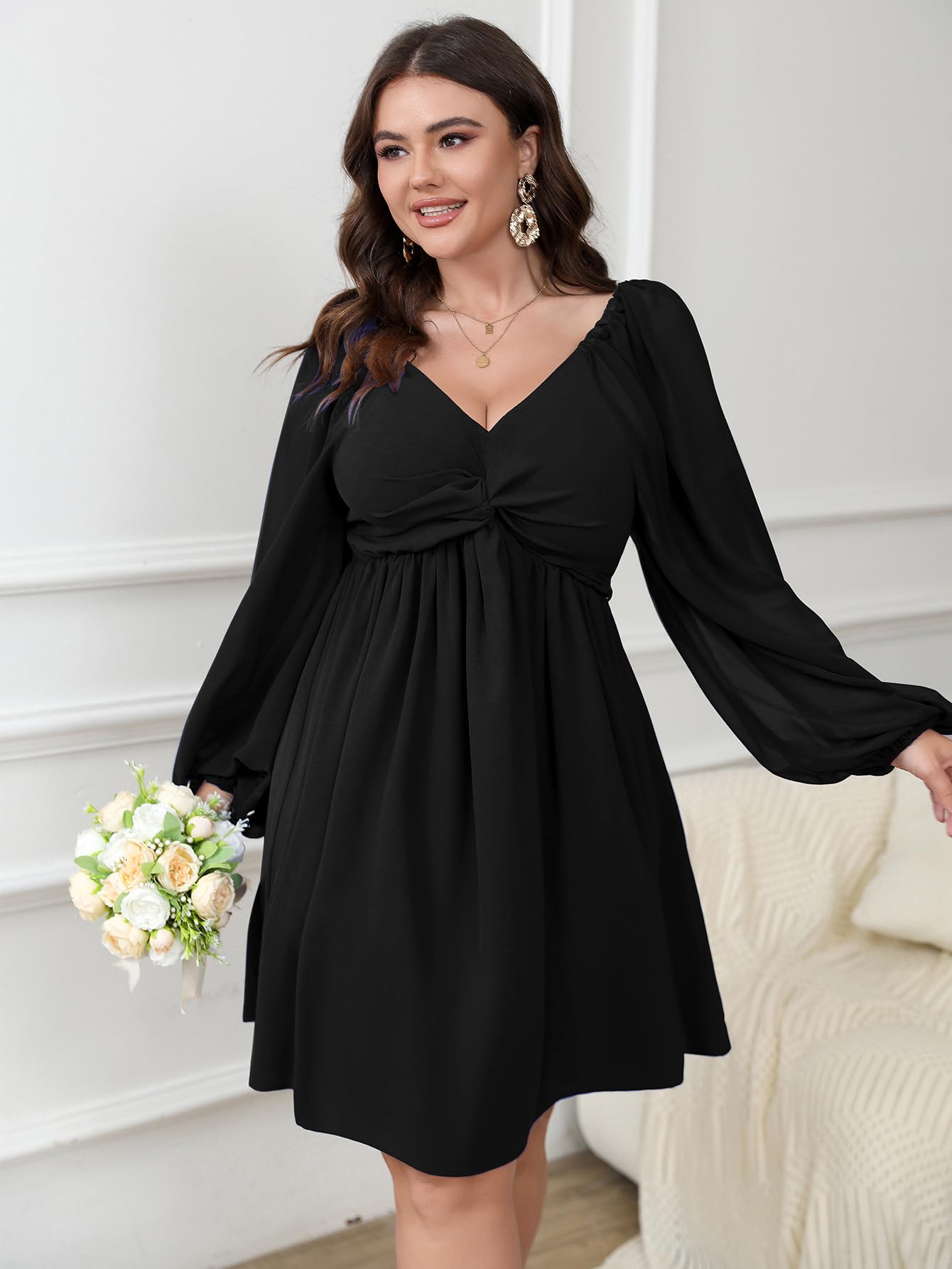 SCOMCHIC Women's Plus Size Puff Long Sleeve Dresses Sweetheart Neckline A Line Short Wedding Guest Cocktail Dress
