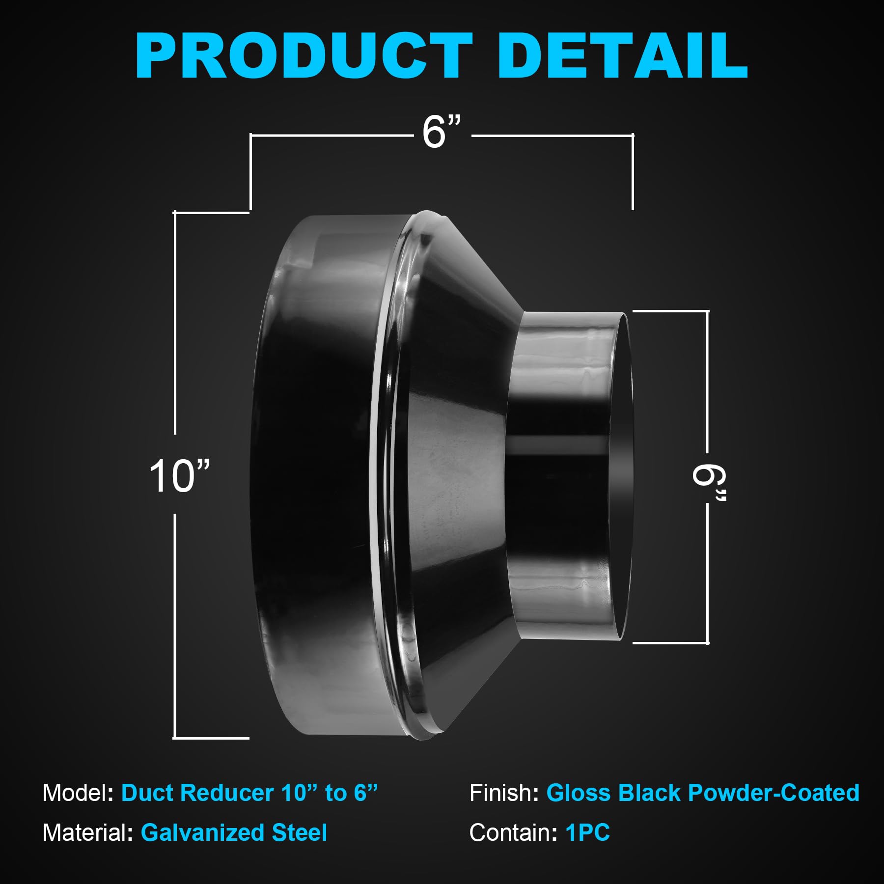 Duct Reducter 6 to 4 Air Ducting Reducer Increaser Air Duct Adapter or Round Metal Pipe Reducer for Bathroom Kitchen Ventilation Systems - Black