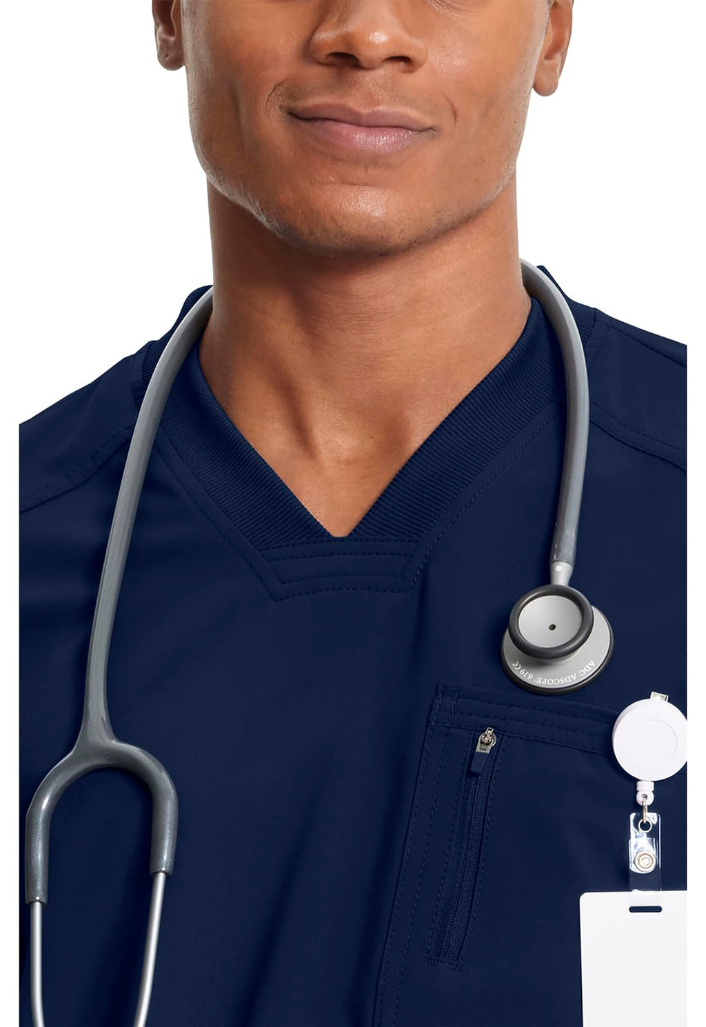 Cherokee Infinity Mens Tuckable V-Neck Scrub Top Modern Fit, 2 Pockets, Zip Chest Pocket, Rib-Knit, 360° Stretch – CK910A