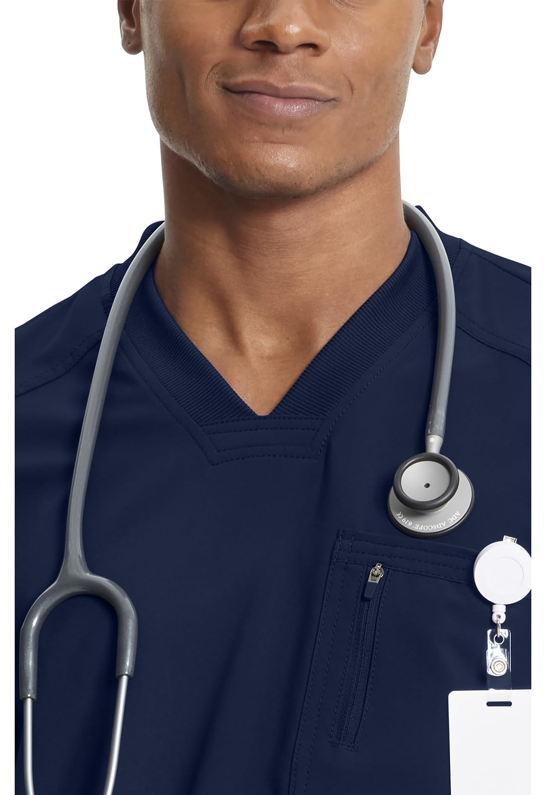 Cherokee Infinity Mens Tuckable V-Neck Scrub Top Modern Fit, 2 Pockets, Zip Chest Pocket, Rib-Knit, 360° Stretch – CK910A