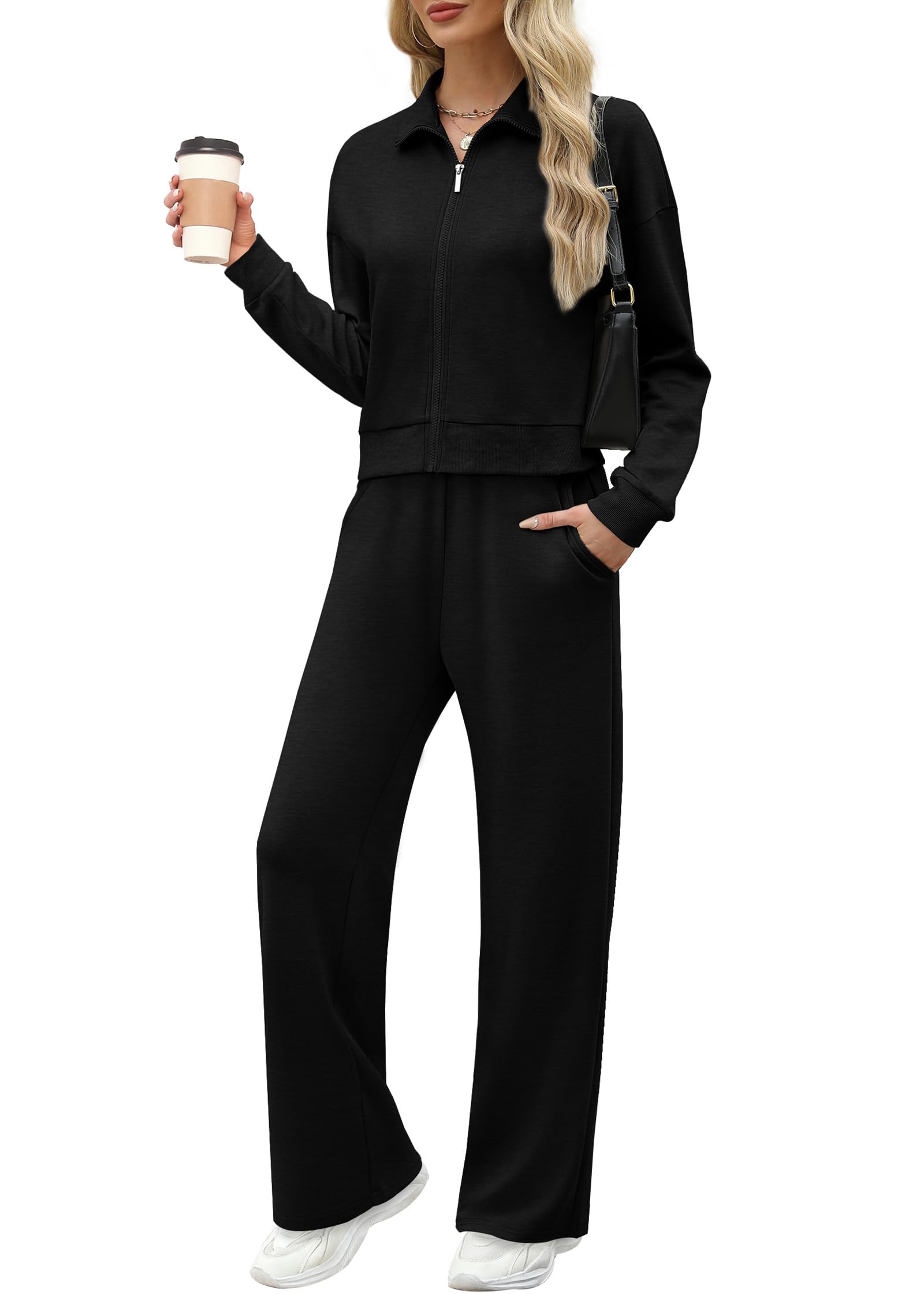 XIEERDUO Lounge Sets for Women 2025 Sweatsuit 2 Piece Outfits Sweatshirt Wide Leg Sweatpant Tracksuit Matching Set