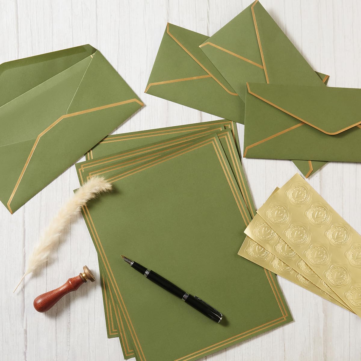 50 Pack Stationery Set with Envelopes, Cream Color, 8.5x11 Inches | Gold Border, #10 Business Envelopes and 8.5x11 Paper Sheets, Stickers for Letter Writing, Invitations