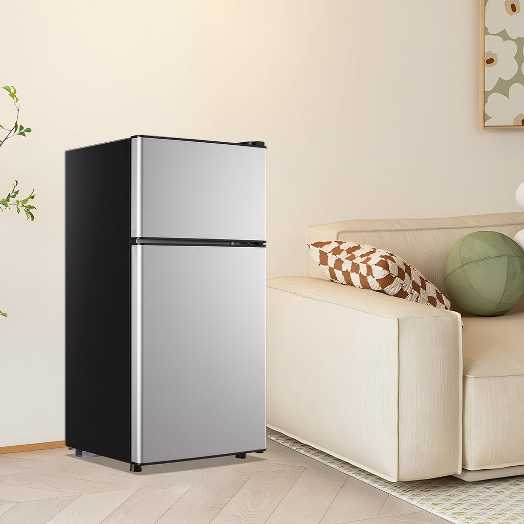 DEMULLER Mini Fridge with Double Doors Small Refrigerator with Separate Freezer & 7 Adjustable Temperature Control, Tiny Size & Personal Fridge Ideal for Office Apartment Dorm Black