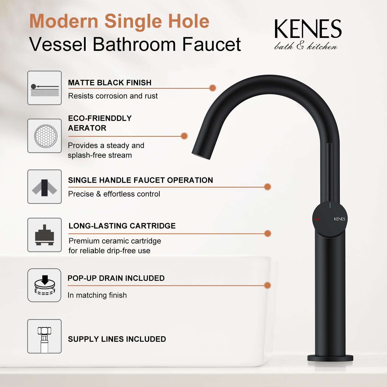 KENES Black and Gold Single Handle Bathroom Sink Faucet, Modern Prep Wet Bar Sink Faucet with Drain Assembly & Deck Plate, Vanity Faucets for Farmhouse RV Camper Utility, KE-9005B-BG